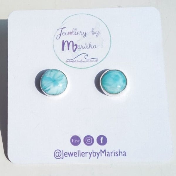 Larimar Studs Earrings Sterling Silver Jewellery Gift 12mm Round Rare Gemstone