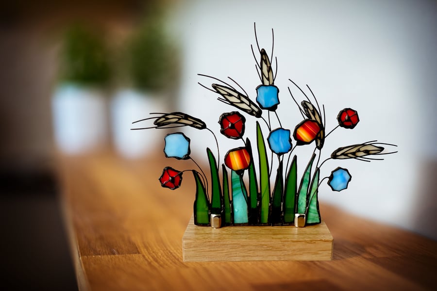 Stained Glass Art Ornament Suncatcher Barley Cornflowers Poppies