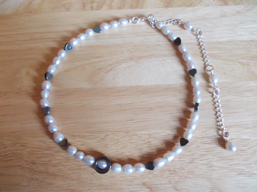 Silver pearl and haematite necklace