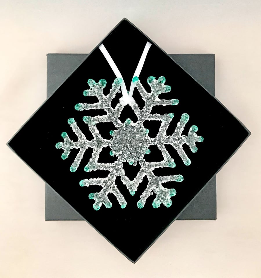 Aqua Tipped Ice Glass Snowflake 
