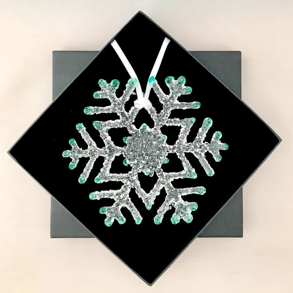 Aqua Tipped Ice Glass Snowflake 