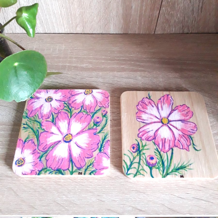 Set of two wooden coasters, handrawn with pink & white Cosmos flowers.  