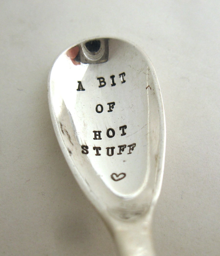 Mustard spoon, long handle, a bit of hot stuff, handstamped