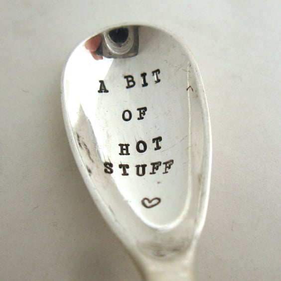 Mustard spoon, long handle, a bit of hot stuff, handstamped