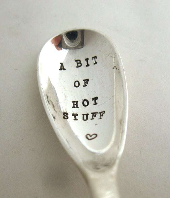 Mustard spoon, long handle, a bit of hot stuff, handstamped