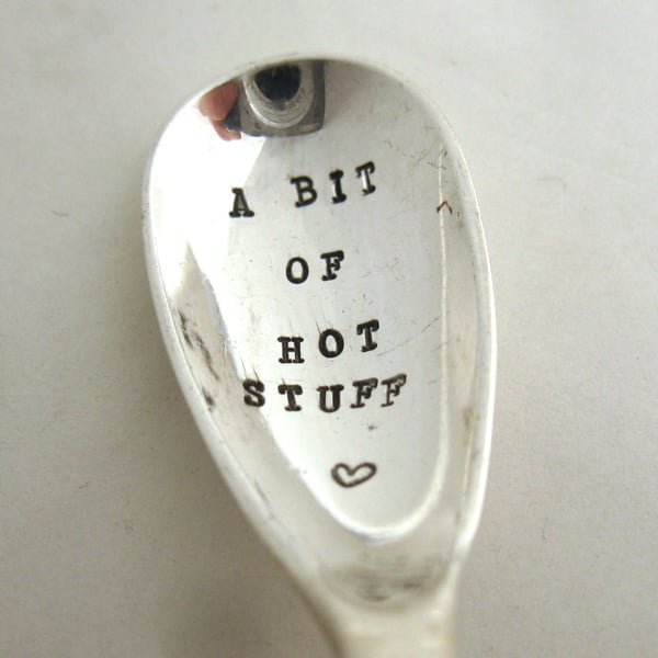 Mustard spoon, long handle, a bit of hot stuff, handstamped
