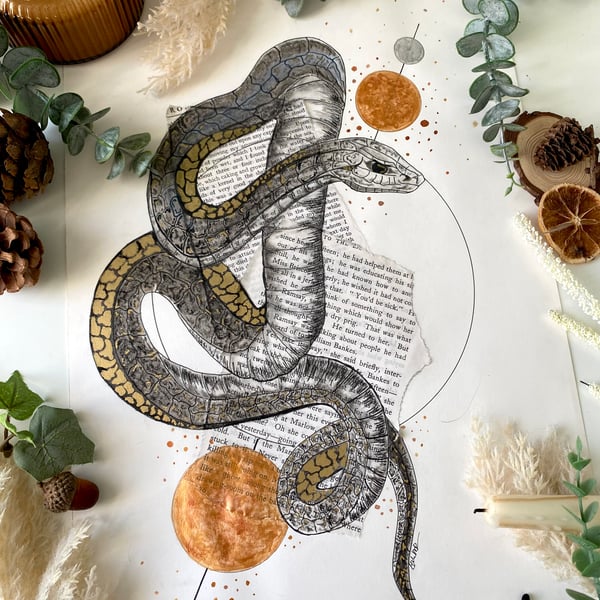Original Snake Art on recyled book pages