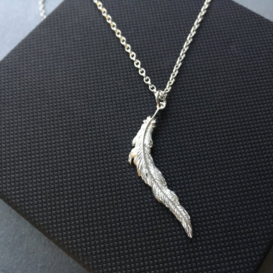 Sterling Silver Feather Necklace, 925 Silver Long Feather Charm Pendant