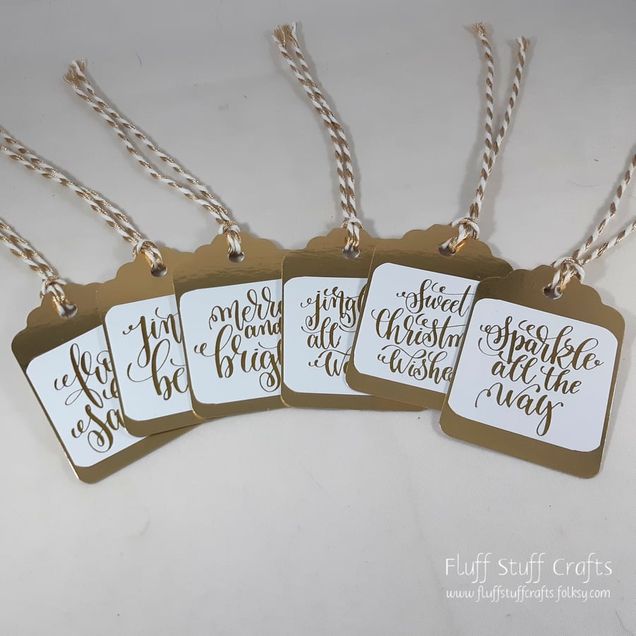 Pack of 6 Christmas gift tags - gold swirly Christmas greetings