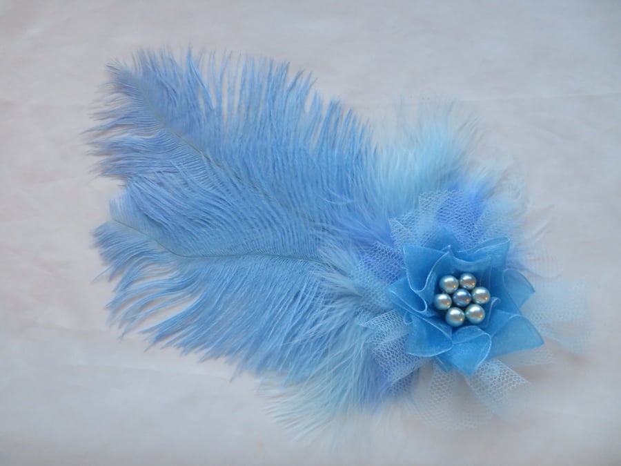 Hyacinth Blue Regency Style Ostrich Feather Hair Clip Headpiece