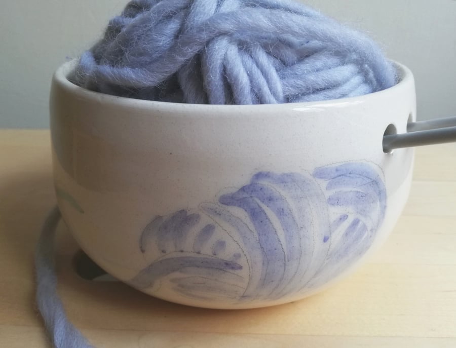 Handmade ceramic yarn bowl with painted wool yarn & knitting holes knitter gift
