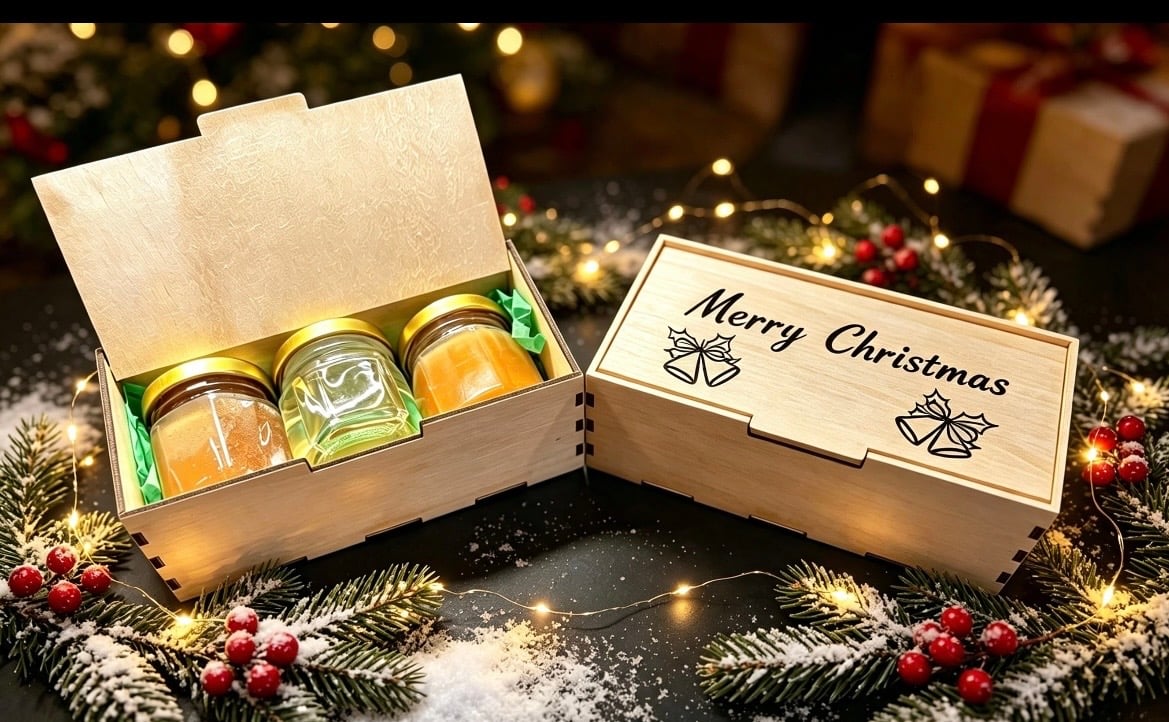 Hand made wooden gift box with 3 jars of honey 2oz