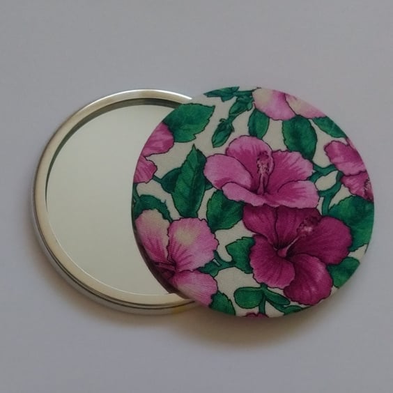 Orchid Design Fabric Covered Pocket Mirror