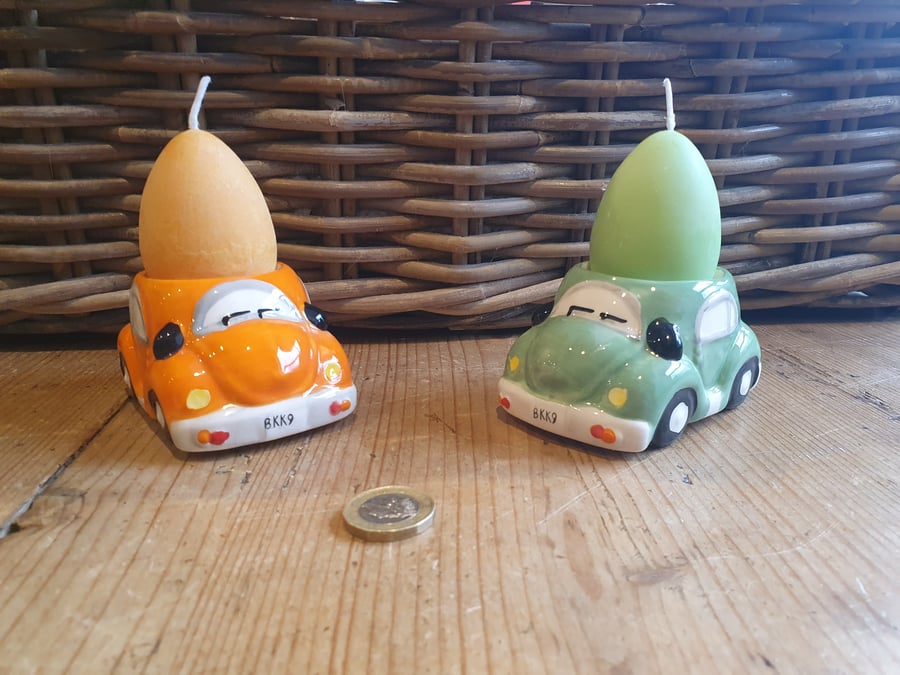 VW Beetle Egg Cup Candle Pair