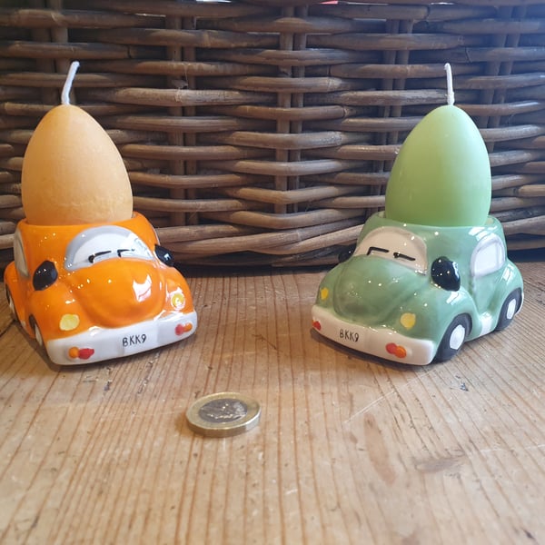 VW Beetle Egg Cup Candle Pair