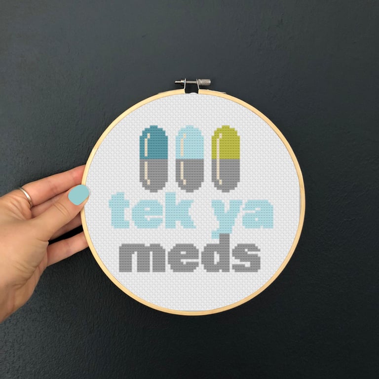 Tek ya meds Chart. 6 inch hoop cross stitch design. Tek ya meds embroidery pdf. 