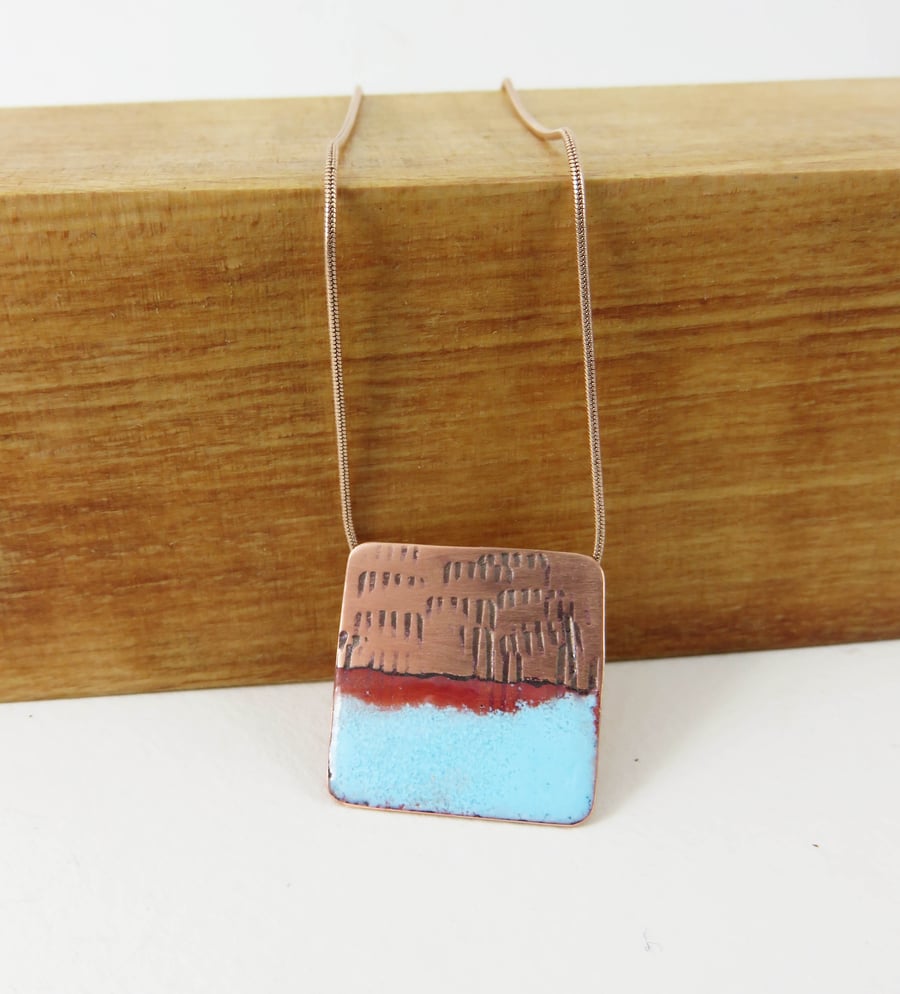 Square textured copper and enamel necklace pendant