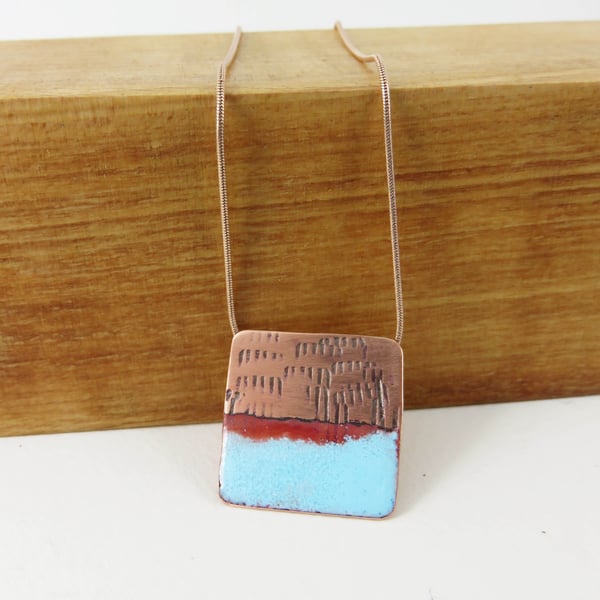 Square textured copper and enamel necklace pendant
