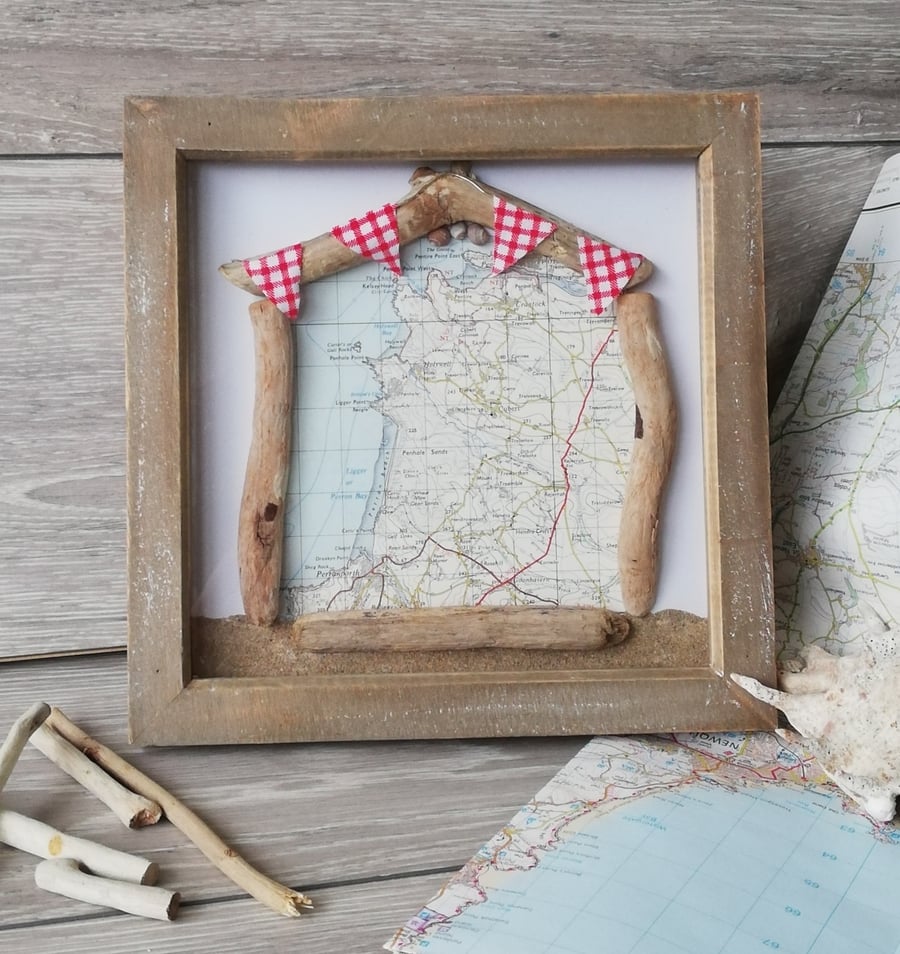 Upcycled Cornish driftwood beach hut map of Perranporth