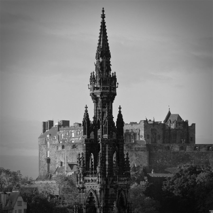 Scott Monument, Edinburgh Castle signed square print 30 x 30cm FREE DELIVERY