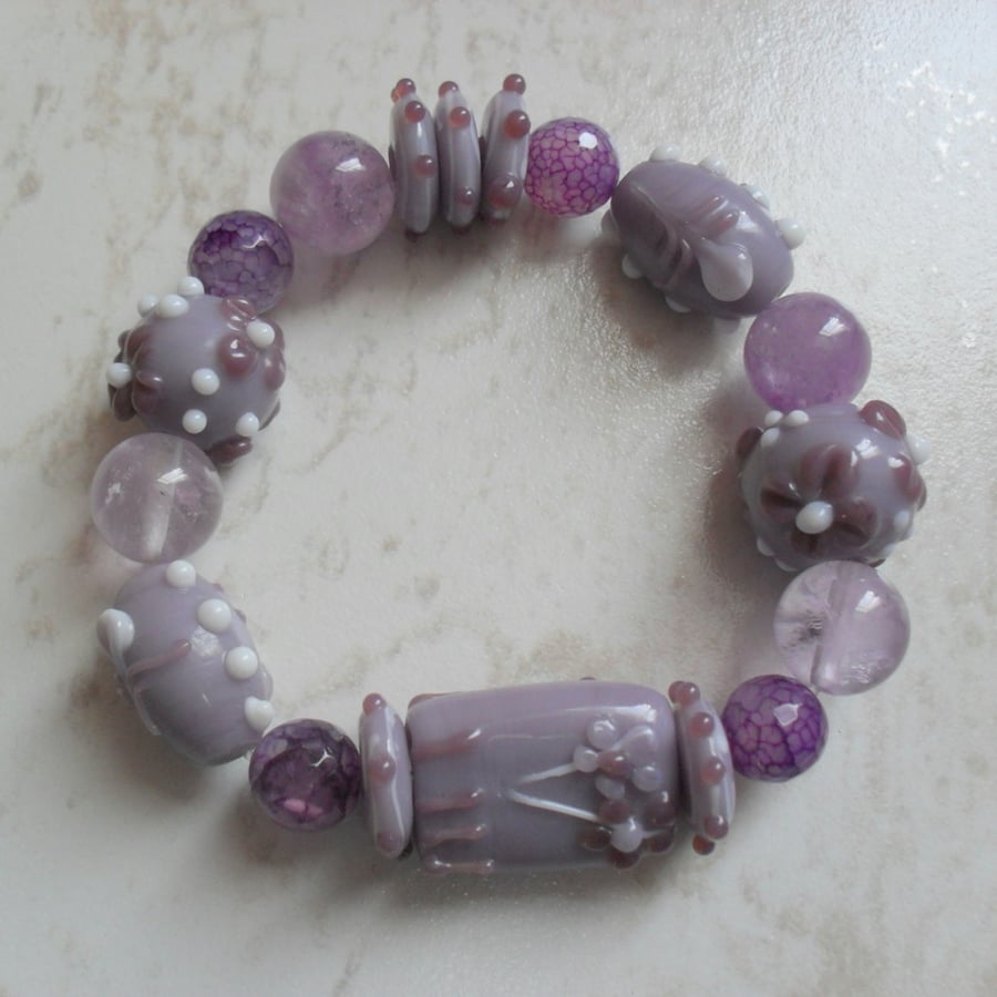 Lilac and Purple Lampwork Glass Bead  Stretch Bracelet