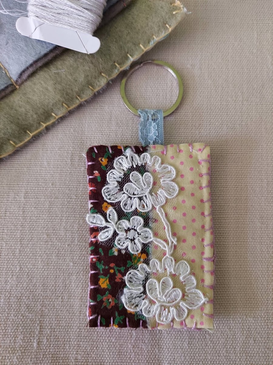 Image of Slow-Stitch Keyring - Brown Floral Lace