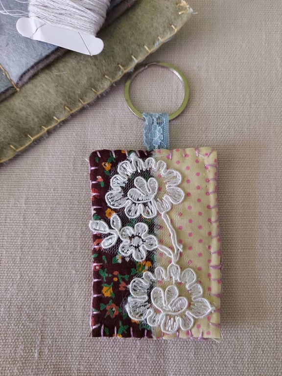 Slow-Stitch Keyring - Brown Floral Lace