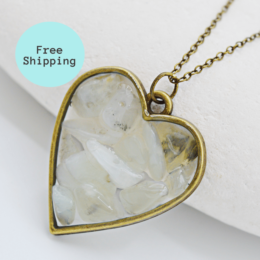 Bowenite Heart Brass plated Worry Stone Necklace - Free Postage