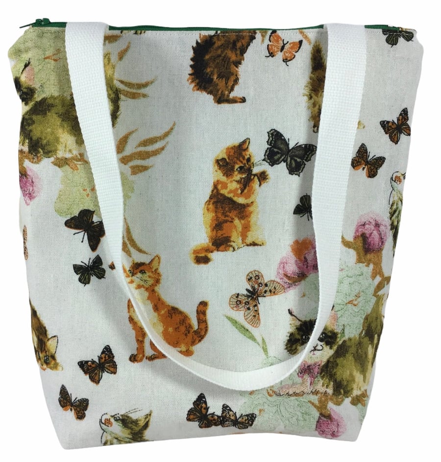 Small cats canvas tote bag with zip closure, cotton book purse, bag with pockets