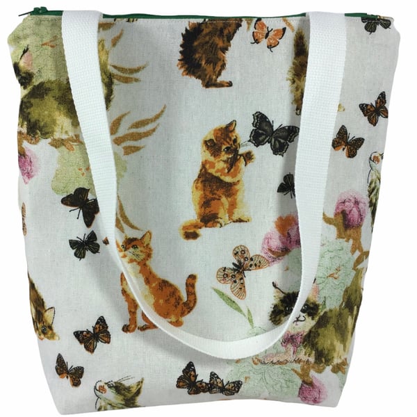 Small cats canvas tote bag with zip closure, cotton book purse, bag with pockets