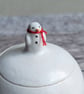Very small handmade ceramic snowball lidded pot with mini snowman & scarf - Image 3