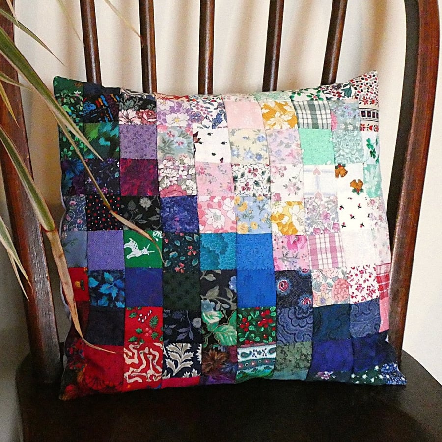 Multicoloured Small Patchwork Cotton Cushion with Pad
