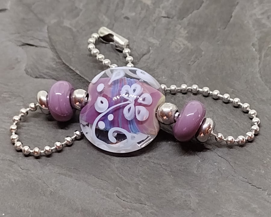 Purple silver glass ghost flower lampwork bracelet