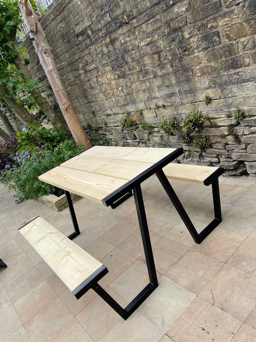 Handmade in the UK Person Picnic pub style steel metal and wood timber  table b