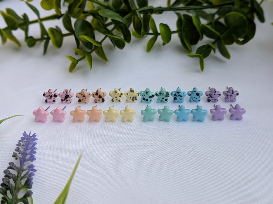 Handmade Polymer Clay Flower Stud Earrings, Unique Hand Painted Designs
