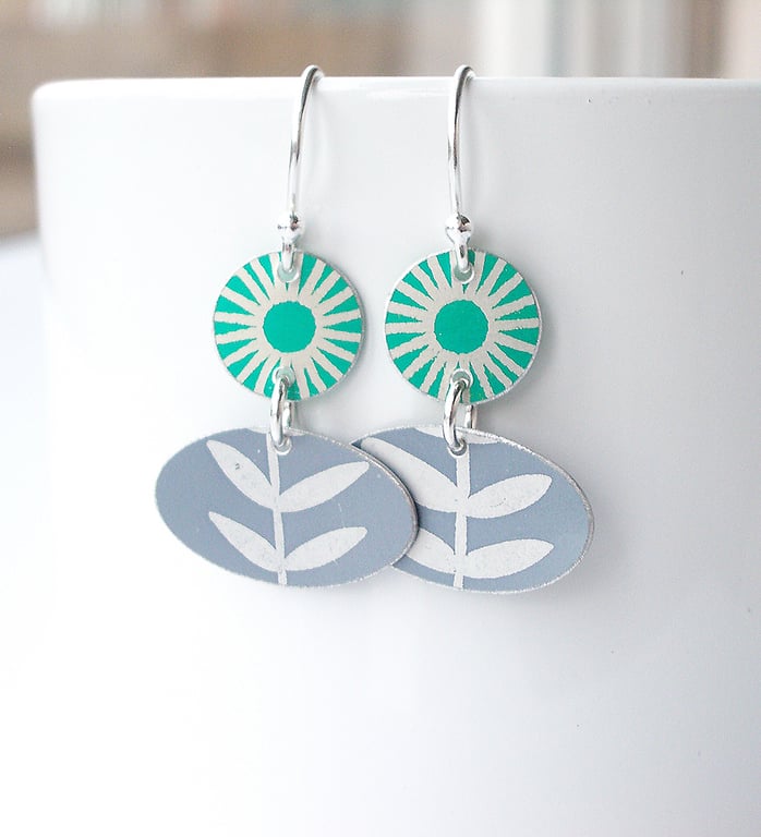 Flower and leaf earrings in jade green and grey