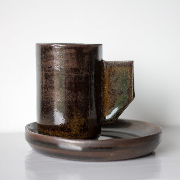 Tall Espresso Coffee Cup and Saucer - Brown Black