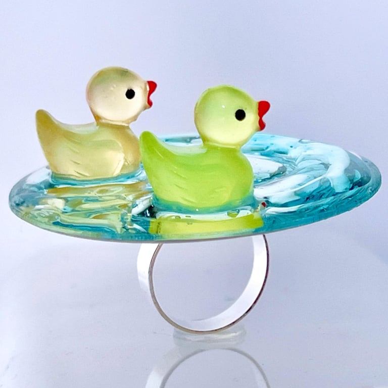 Glow in Dark Duck Pond Ring, Adjustable Resin Statement Jewelry