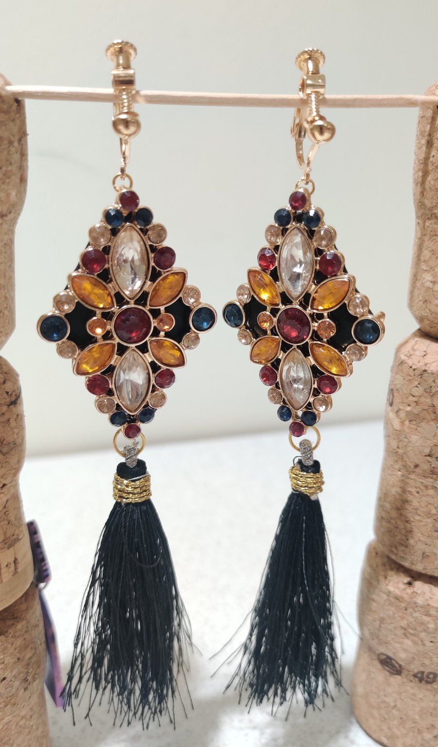 Sparkle embellishment black tassle clip on earrings