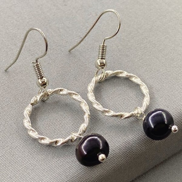 Dainty Black Pearl Drop Hoop Earrings