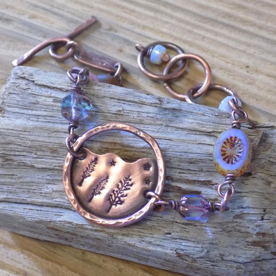 Rustic aged copper and czech bead toggle bracelet 