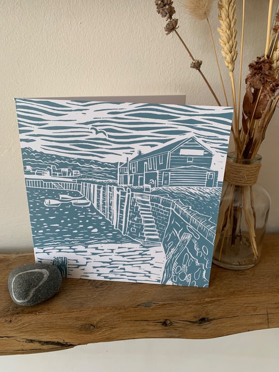 Original lino print card of Lyme Regis Cobb with buildings