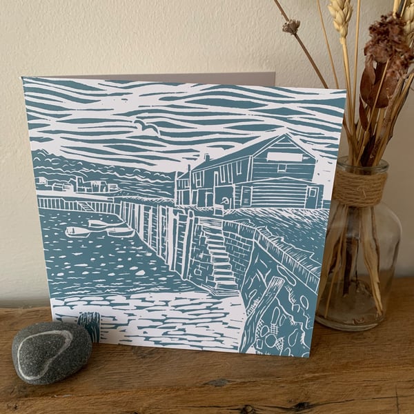 Original lino print card of Lyme Regis Cobb with buildings