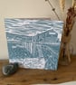 Original lino print card of Lyme Regis Cobb with buildings