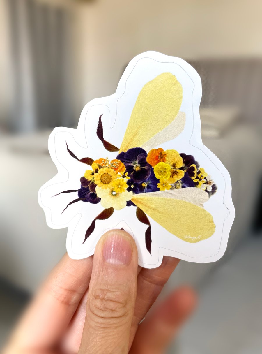 Bumble Bee Vinyl sticker, Glossy, Pressed Flower art