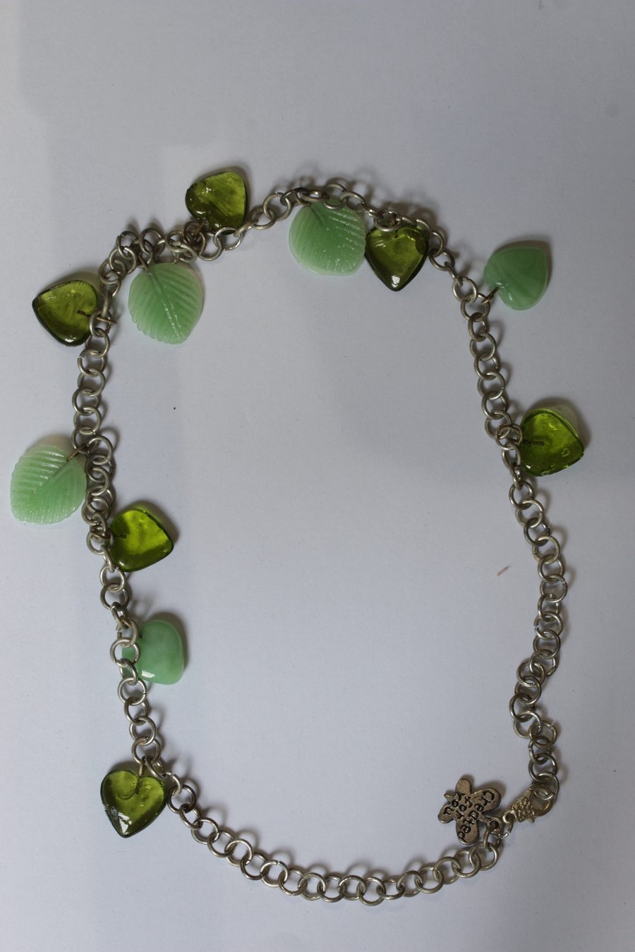 Handmade Green Glass Leaf & Heart Charm Chain Necklace