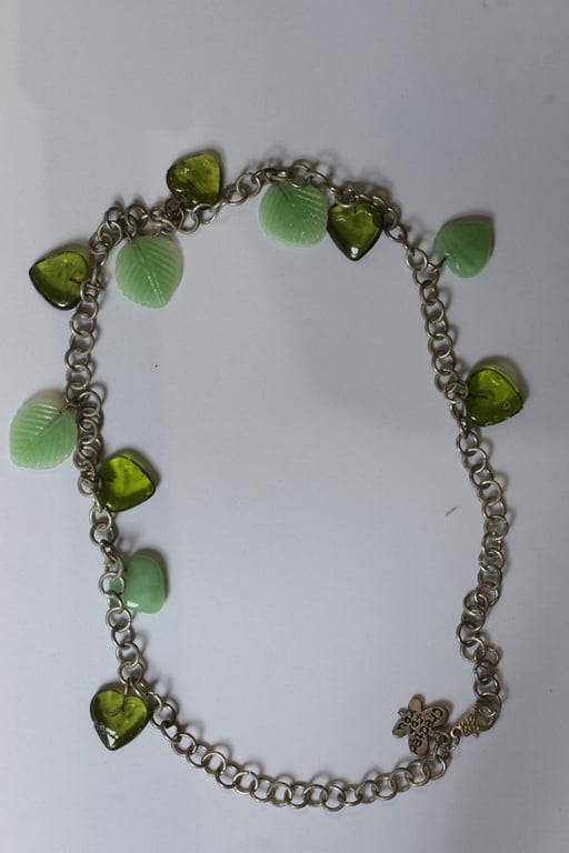 Handmade Green Glass Leaf & Heart Charm Chain Necklace