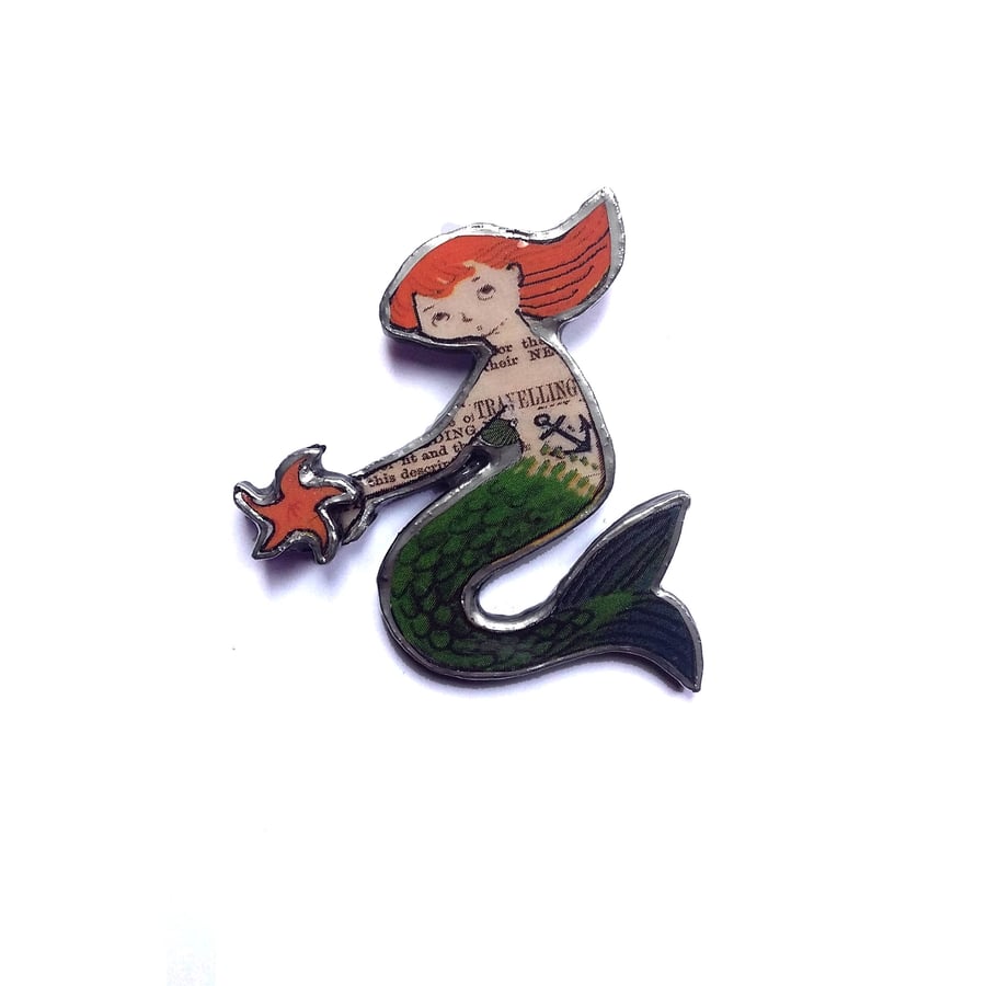 Whimsical Flame haired Mermaid with layered starfish Brooch by EllyMental