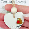 Sea Glass Robin Hanging Heart Dec - Beach Glass - Wooden Ornament Gift Tag