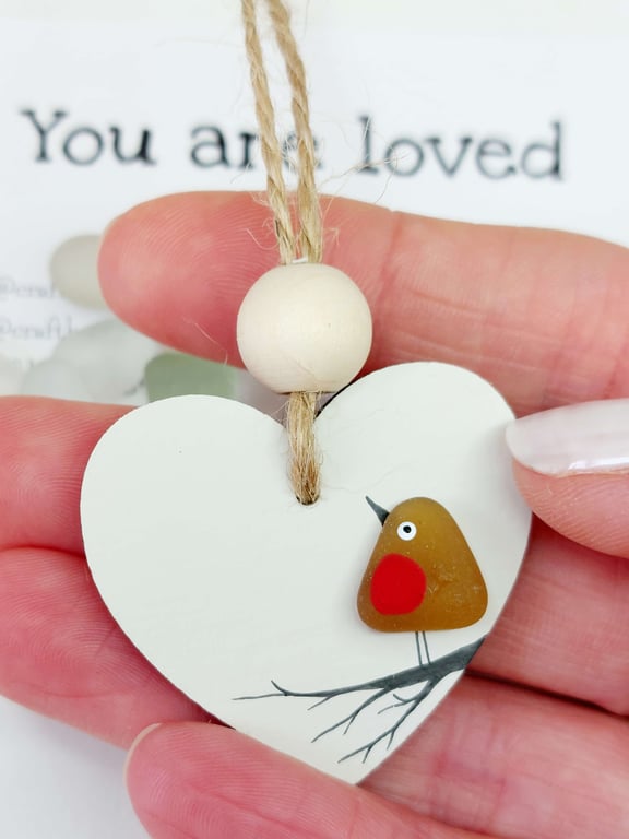 Sea Glass Robin Hanging Heart - Handmade Keepsake - Meaningful Coastal Gift
